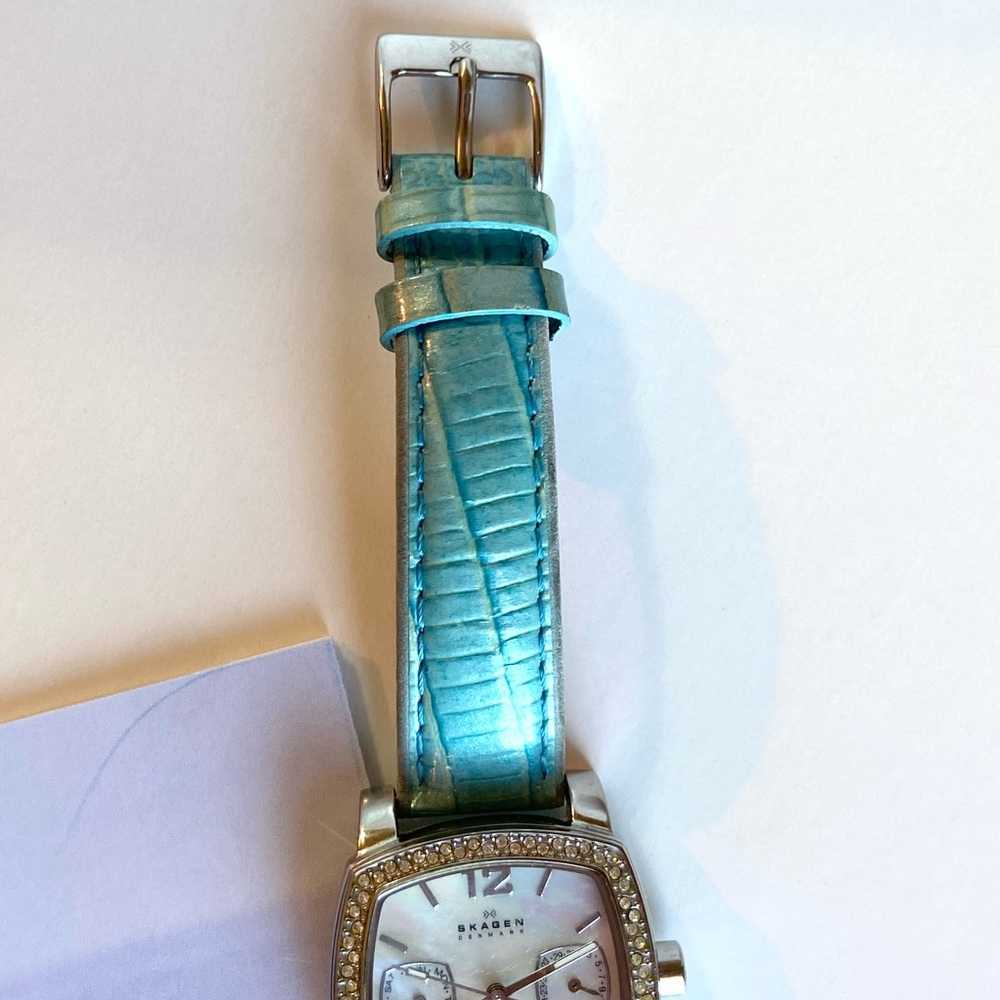 Skagen Mother of Pearl & Crystal Watch with Turquoise Crocodile Band - Picture 6 of 11
